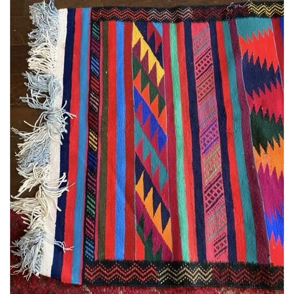 Vintage Turkish Kilim Rug 35x49 Wool Hand Woven Tribal Boho Accent Rug Striped